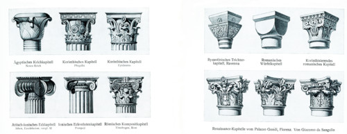 Column Capitals: LEFT (Top Row):  Egyptian Chalice Capitall from New Kingdom; Corinthian Capital