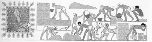 This illustration replicates a relief in the Tomb of Rekhmire and shows Egyptian workers building a