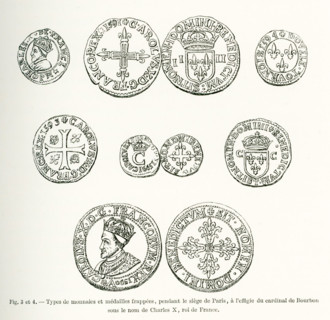 The coins and medals shown here were minted during the siege of Paris of 1590. The figure is