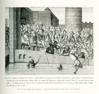 This engraving shows the entry of Henry IV in Paris with more than 1,000 armed cavalry, known as