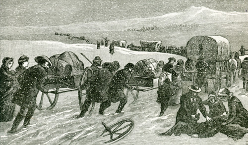 This illustration from 1896 shows a Mormon Hand-Cart Comoany crossing the Plains. The Mormon