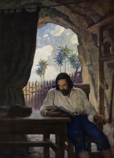 The caption for this image by NC Wyeth that accompanies the tale of Robinson Crusoe by Daniel Defoe