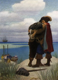 The caption for this image by NC Wyeth that accompanies the tale of Robinson Crusoe by Daniel Defoe
