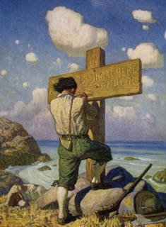 The caption for this image by NC Wyeth that accompanies the tale of Robinson Crusoe by Daniel Defoe