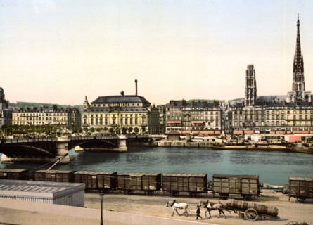The Boieldieu Bridge in St. Sever, Normandy, France, Historical, digitally restored reproduction