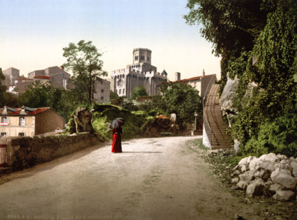 Church and old town, France, Historical, digitally restored reproduction from an original from the