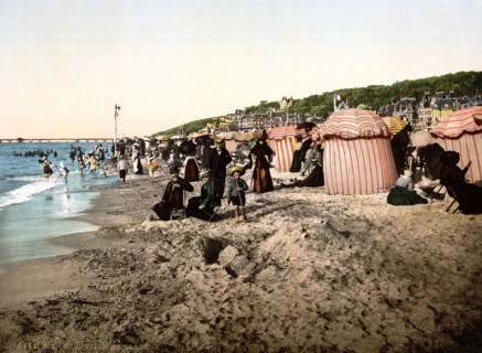The beach during the bathing season, France, historical, digitally restored reproduction from an