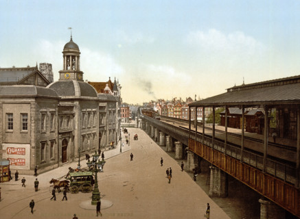The Stock Exchange and the Bourse Station, Netherlands, around 1895, Historical, digitally restored