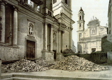 Church and rubble after earthquake, Italy, around 1895, Historical, digitally restored reproduction