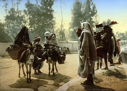 Bedouins with donkeys, group in front of Bab Aleona, Tunisia, around 1895, historical, digitally