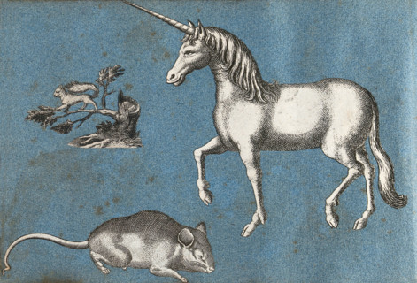 unicorn, a squirrel and a mouse. Cut-out engravings glued to paper, created between 1600 and 1699,