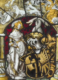Coat of arms with the Lichtenfels coat of arms and a unicorn hunt, around 1515. Germany or