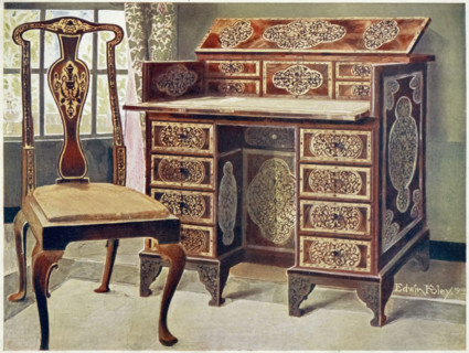 Furniture around the turn of the century 1900, desk with inlaid walnut wood (1911), Walnut inlaid