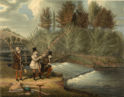 Fishing, couple fly fishing on the river, 1860, England, Historical, digitally restored