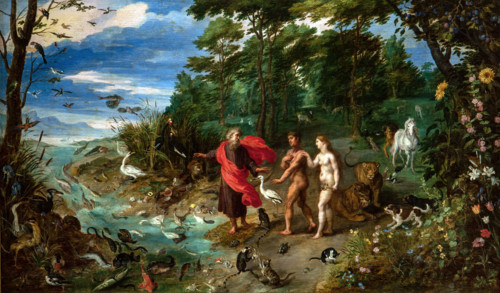 Jan Brueghel the Younger 1601-1678 "Adam and Eve in the Earthly Paradise" 1640, 48 x 83 cm oil on