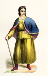 This 1840s illustration shows a Tibetan man. Tibet, on the lofty Tibetan Plateau on the northern