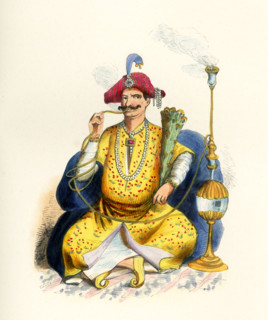 This 1840s illustration shows a rajah. Raja (also spelled rajah) is a royal title used for Indian