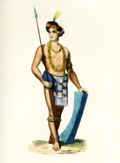 This 1840s illustration shows a man with his weapons from Tondano on Sulawesi, one of the islands