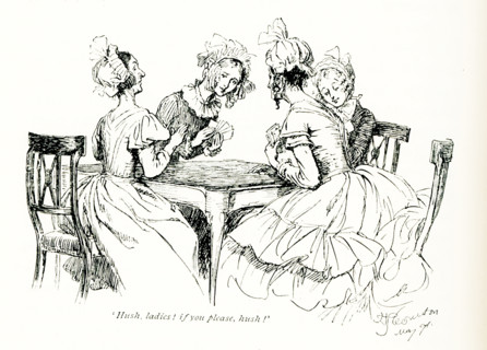 The 1891 caption reads: ""hush, ladies, if you please, hush"", spoken by Miss Barker. It is taken