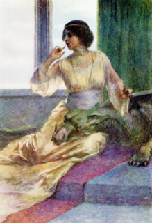 The caption for this illustration reads: Sitting with the sleeping dragon's head on her knee. The