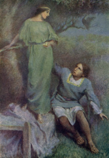 The caption for this illustration reads: The Pea-hen turns into a maiden. According to the tale, a