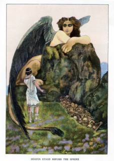 In Greek mythology, the sphinx was a monstrous winged creature with the head of a female. It met