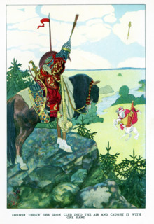 The caption for this 1923 illustration reads: Zidovin threw the iron club into the air and caught