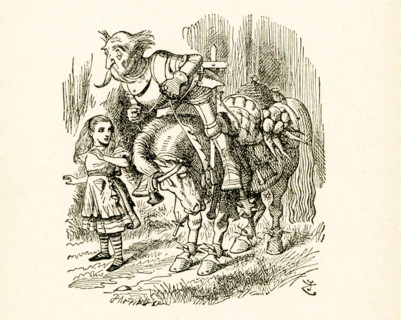 This illustration of Alice and tthe Old Knight on Horseback is from ""Through the Looking-Glass and