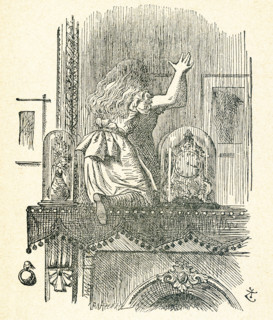 This illustration of Alice climbing up on the fireplace mantel  and about to poke the looking glass