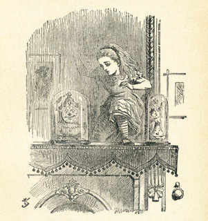 This illustration of Alice poking poke the looking glass (mirror) and seeing an old man in the
