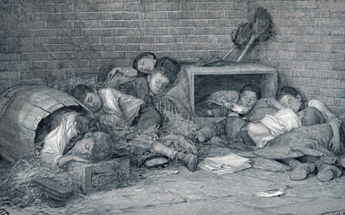 This late 19th-century illustration shows supperless and homeless street boys sleeping out at night