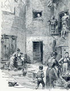 This late 19th-century illustration shows a typical tenement house backyard in New York City. It is