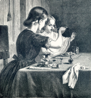 This engraving on wood accompanied an 1881 book on British Painters. The title is ""Baby's Turn,""