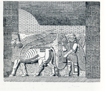 This illustration dates to around 1898 and shows a scene from Assyrian mythology. At right is a