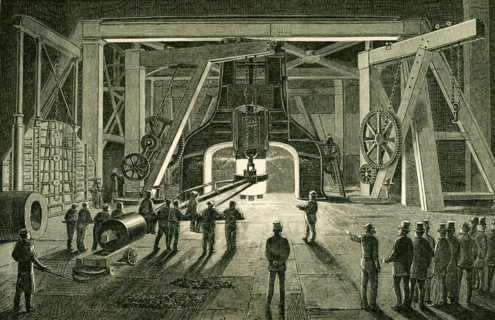This illustration dates to the 1870s and shows the Great Steam Hammer Royal Gun Factory Woolwich.