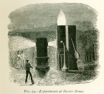 This illustration dates to the 1870s and shows experiments at Baxter House at producing steel. On