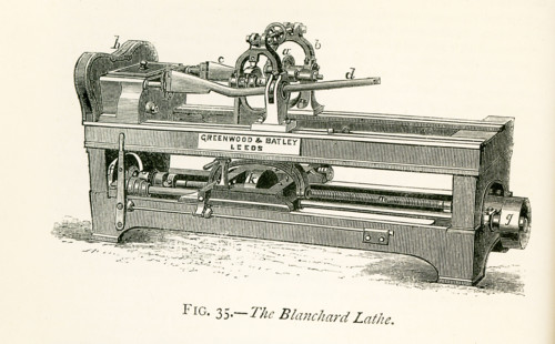 This illustration dates to the 1870s and represents a Blanchard's lathe, very elegantly constructed