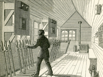 This illustration dates to the 1870s and shows the signal box on the North London Railway. The