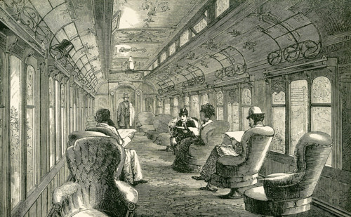 This illustration dates to the 1870s and shows the interior of a Pullman car on the Midland Railway