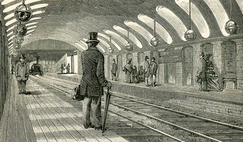 This illustration dates to the 1870s and shows the Gower Street Train Station in England in the