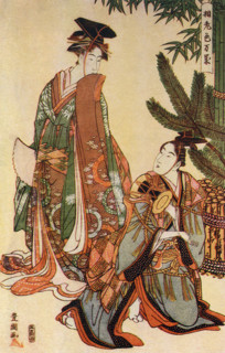 The caption for this image reads: Toyokuni, Manzai (New Year) Dancers.  He was recognized as a