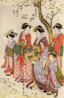 The caption for this illustration reads: Utamaro: Midorigi of Wakamatsu-ya on parade. Kitagawa