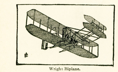 This illustration of Wright's biplane dates to the early 1920s. Known as the Wright Flyer, it was