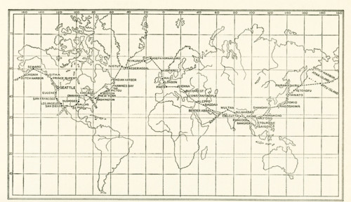 The image dates to the early 1920s. Around the world by Aeroplane. Chart of the epochal air voyage