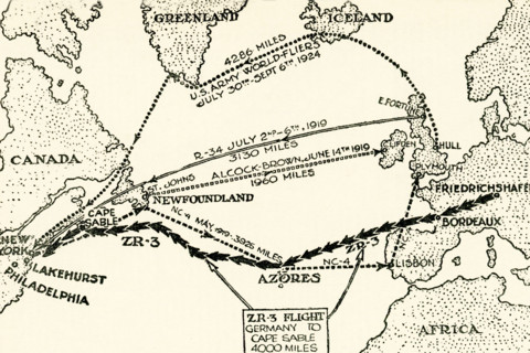 This illustration dates to the 1920s. Its caption reads: Bridging the Atlantic by Airship and