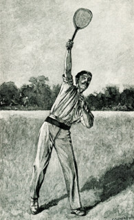 This 1897 illustration of a lawn tennis player shows him hitting what is known as a ""smash."" A