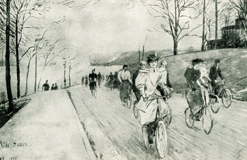 The 1897 caption for this illustration reads: The Wheel of Today, Claremont Hill - Riverside Drive