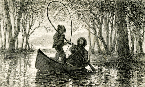 The 1869 caption reads: I lookd at John, his eyes were fastened on the rod."" The illustration