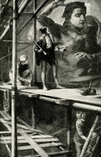 The 1912 caption reads: ""Michelangelo at work in Vatican.  None but Michelangelo could have