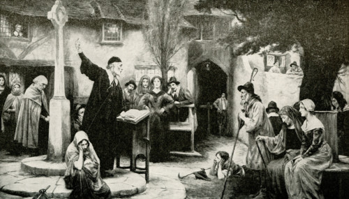 The 1912 caption for this illustration reads: ""How Bible was read to people in Shakespeare's time.